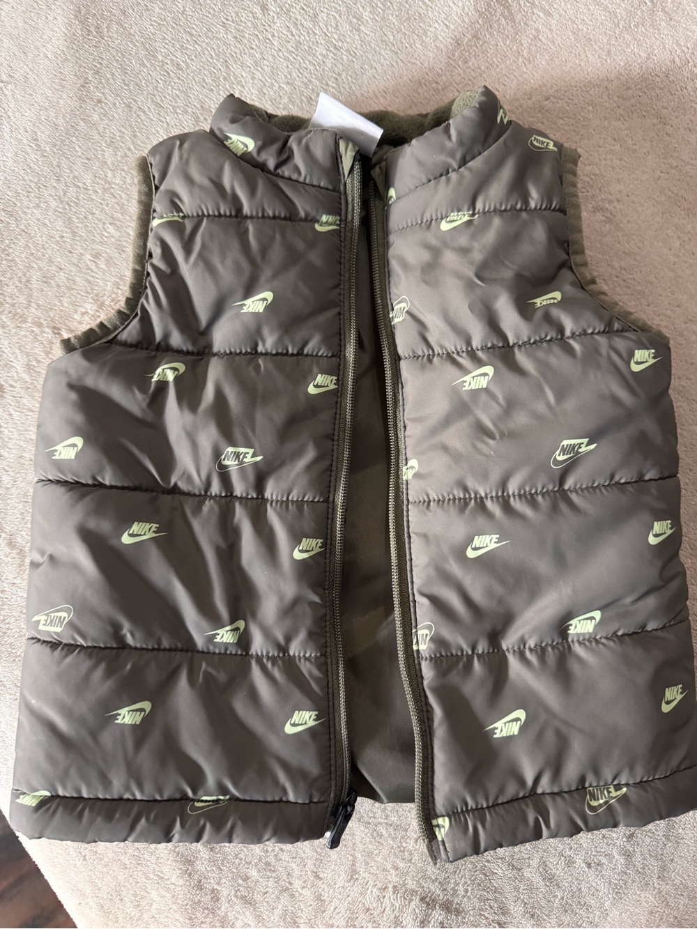 Nike Kids Olive Green Puffer Vest with Light Green Logos